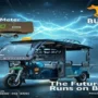 Bulock electric passenger e-rickshaw with digital meter display showcased in a futuristic electric mobility theme, featuring lightning energy effects and the slogan "The Future Runs on Bulock" promoting sustainable transportation in India.