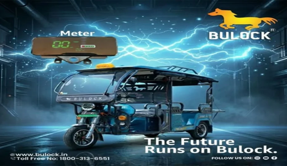 Bulock electric passenger e-rickshaw with digital meter display showcased in a futuristic electric mobility theme, featuring lightning energy effects and the slogan "The Future Runs on Bulock" promoting sustainable transportation in India.