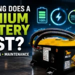 Lithium battery showing 3500+ charge cycles with charging and maintenance guide for long battery life